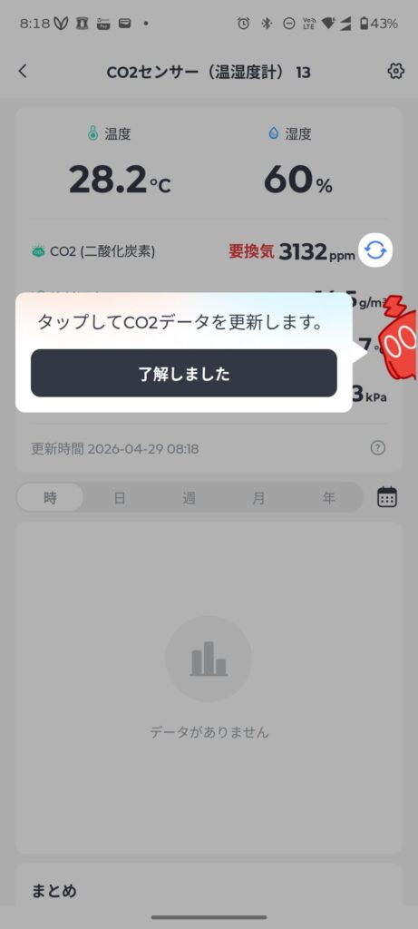 SwitchBotアプリでCO2濃度3132ppmが要換気として赤字表示されている画面
