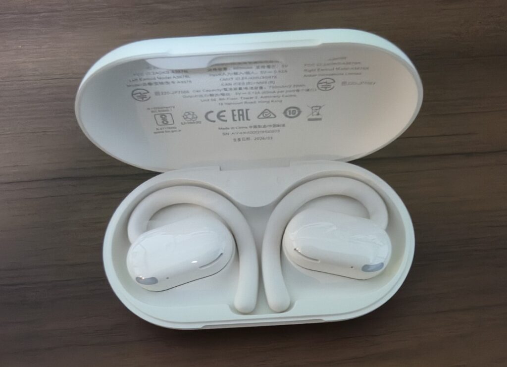 Soundcore V20iの充電ケースを開けてイヤホン本体が見える状態
