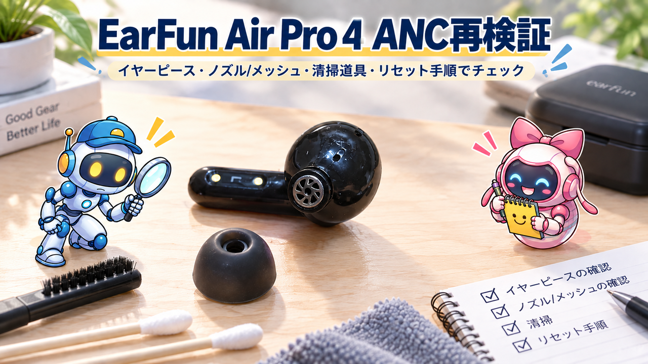 EarFun Air Pro 4のノズルとイヤーピースを中央に、ギアとノートがメンテナンス項目を確認しているアイキャッチ