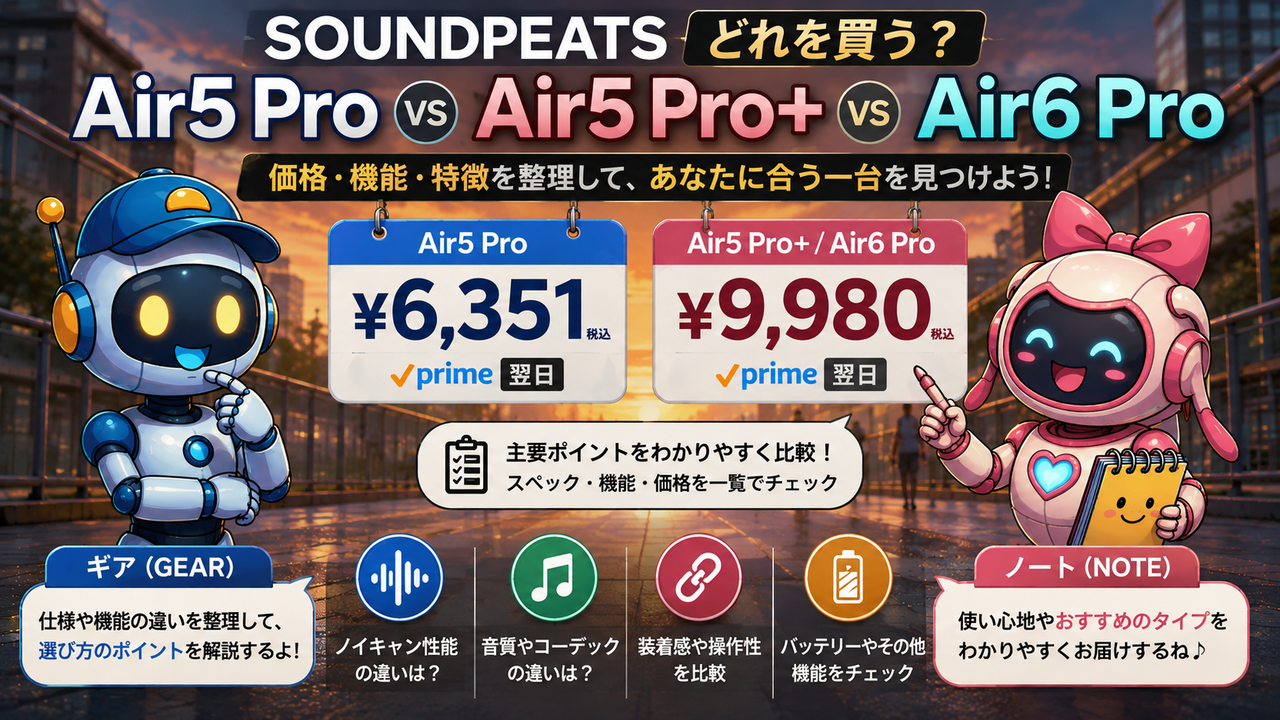 夕方の通勤路で、ギアとノートがSOUNDPEATS Air5 Proの6,351円とAir6 Proの9,980円の値札を見比べている