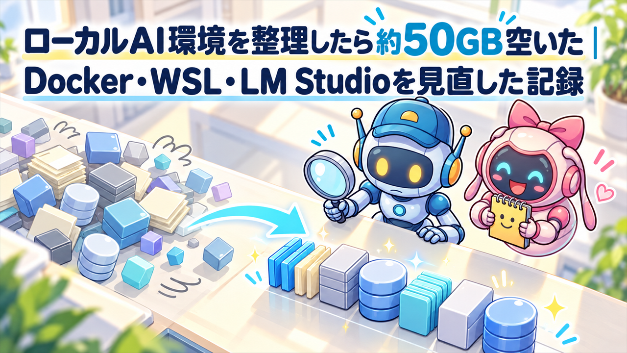 ローカルAI環境を整理する様子を抽象的なストレージモジュールとギア、ノートで描いたアイキャッチ