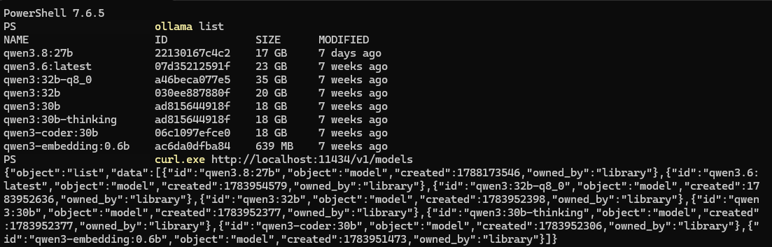 OllamaでQwen3.8のモデル一覧とOpenAI互換APIを確認している画面