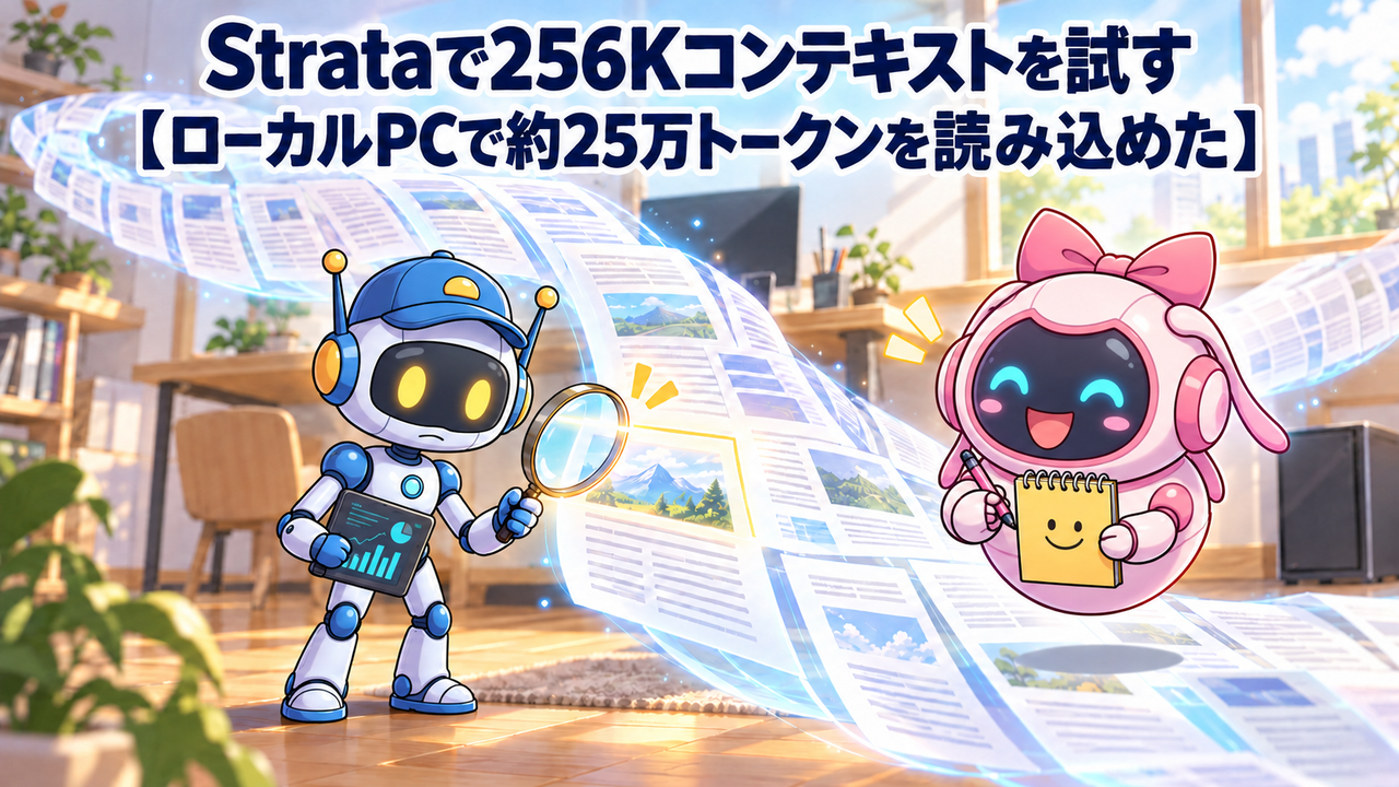 ギアとノートが長い文書の流れを調べ、ローカルPCで256Kコンテキストを試す様子を描いたイラスト