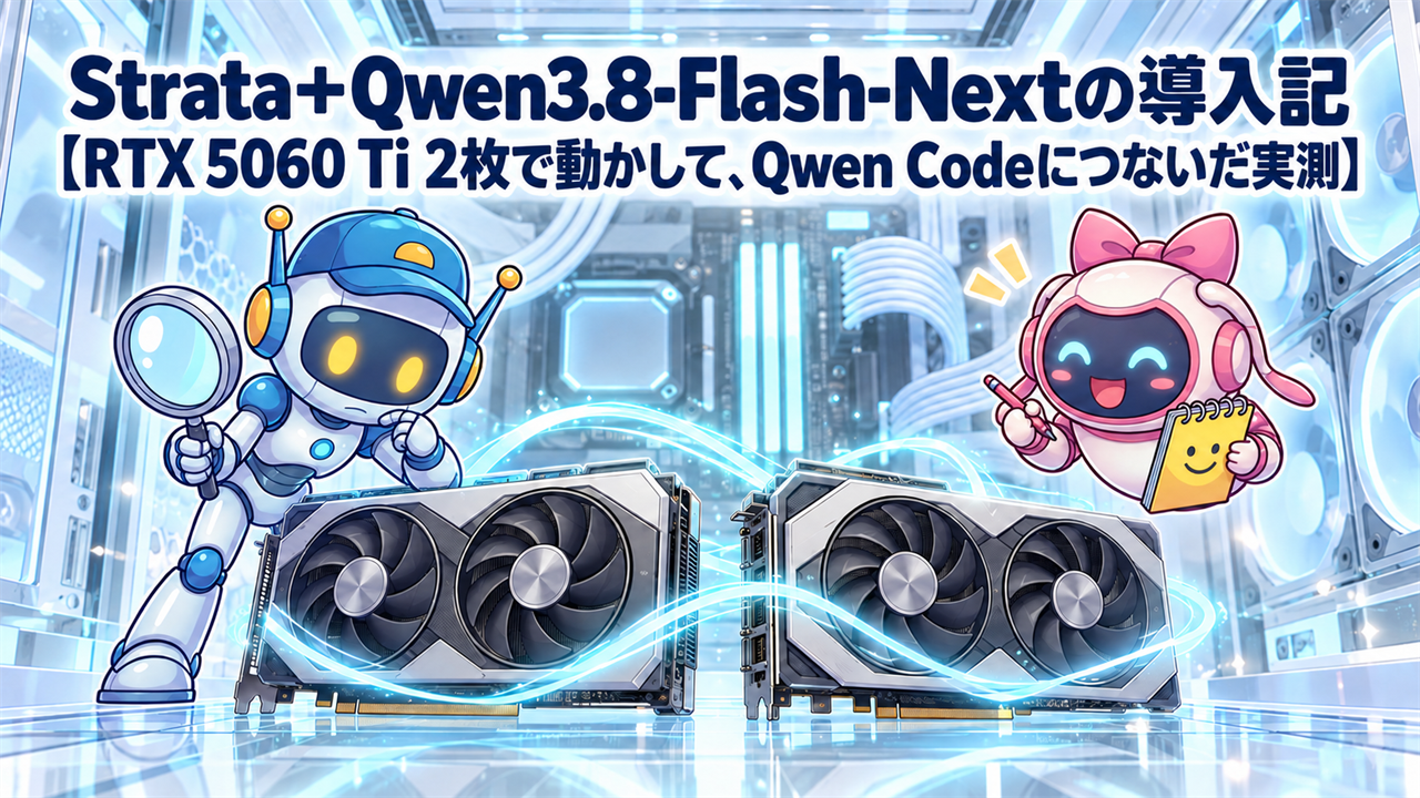 記事タイトル入りのイラスト。ギアとノートがガラス張りのPC内部で2枚のGPUを確認している。